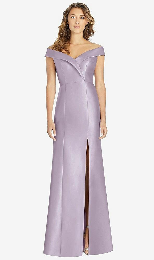 off-the-shoulder cuff trumpet gown with front slit