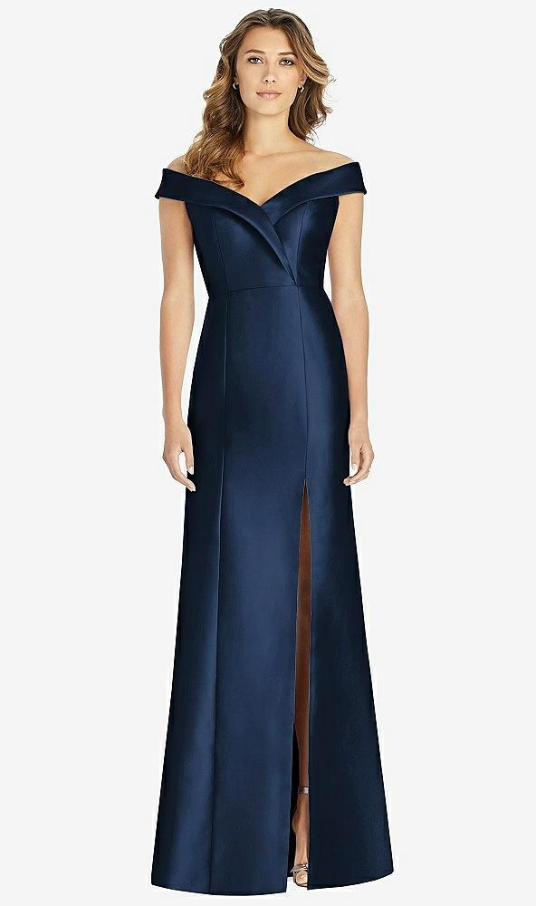 off-the-shoulder cuff trumpet gown with front slit