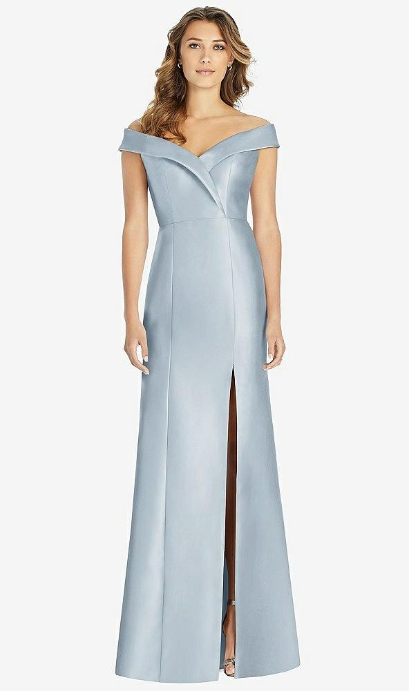 off-the-shoulder cuff trumpet gown with front slit