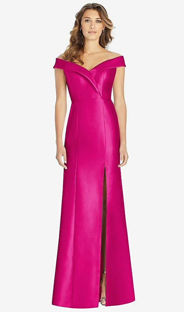 off-the-shoulder cuff trumpet gown with front slit