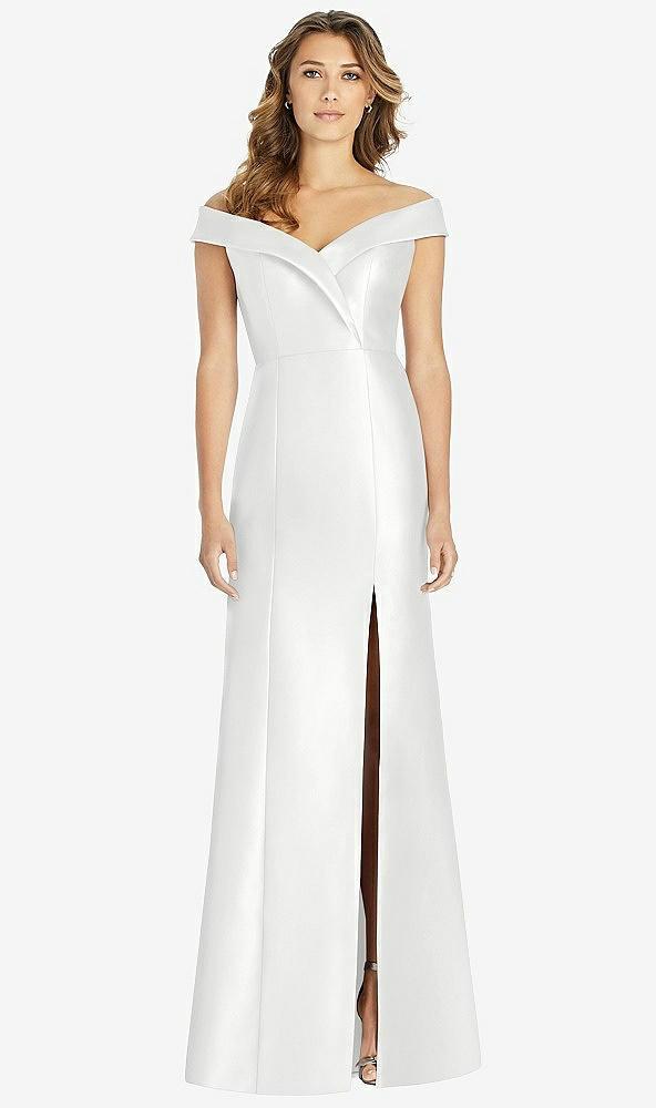 off-the-shoulder cuff trumpet gown with front slit