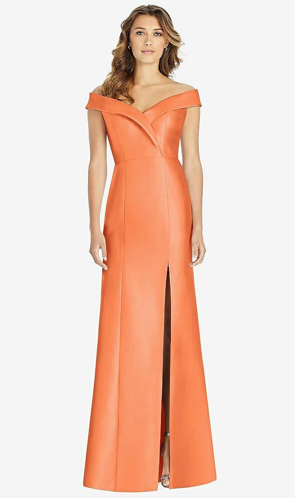 off-the-shoulder cuff trumpet gown with front slit