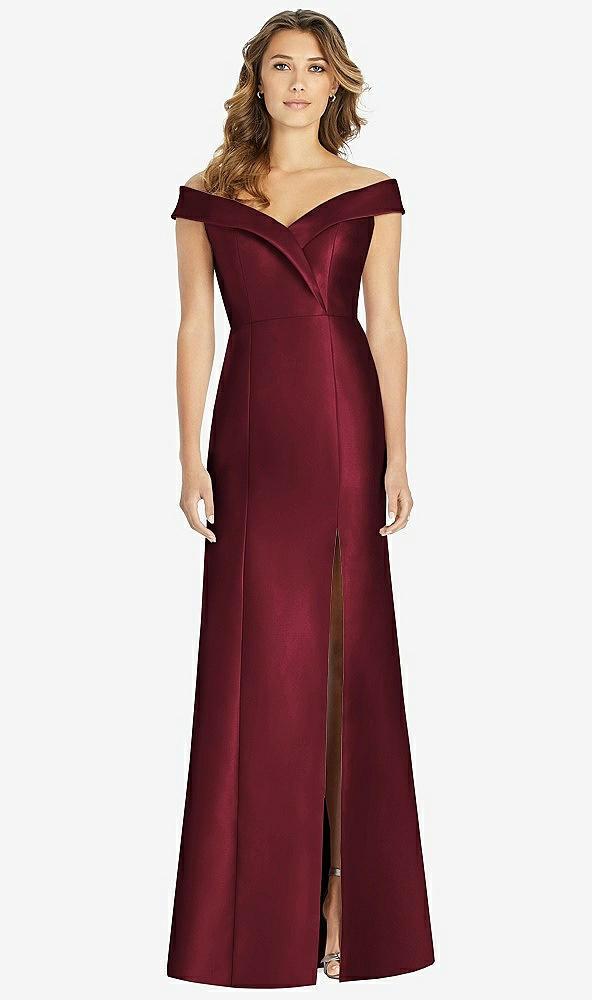 off-the-shoulder cuff trumpet gown with front slit