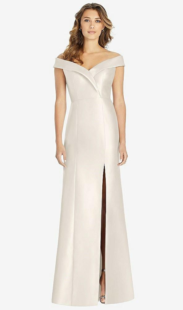 off-the-shoulder cuff trumpet gown with front slit