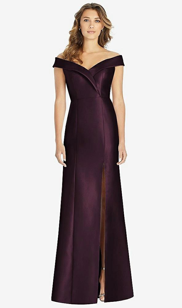 off-the-shoulder cuff trumpet gown with front slit