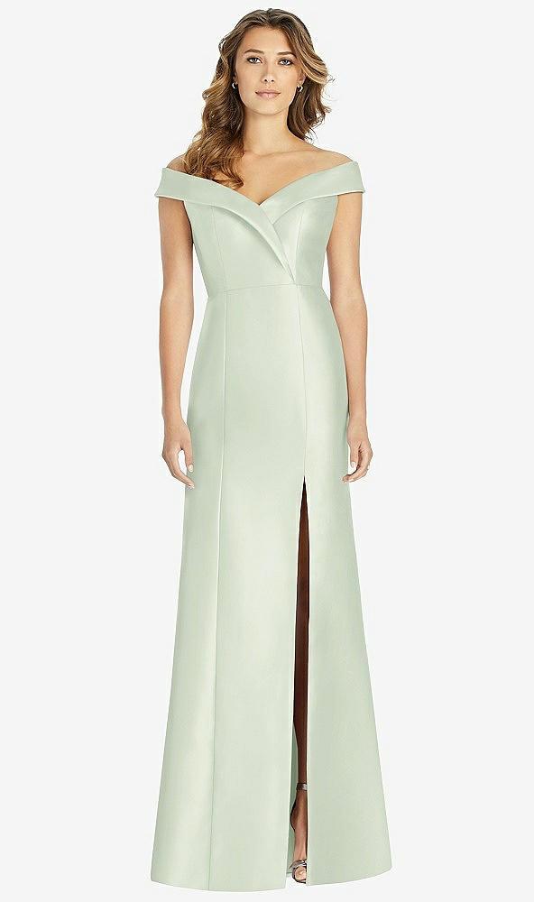 off-the-shoulder cuff trumpet gown with front slit