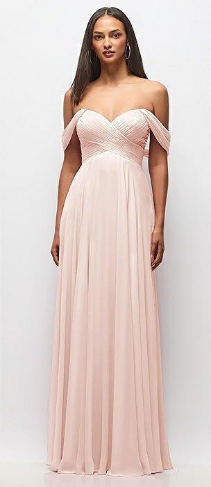 off-the-shoulder draped chiffon maxi dress