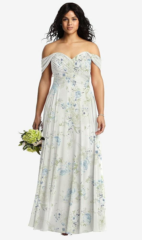 off-the-shoulder draped chiffon maxi dress