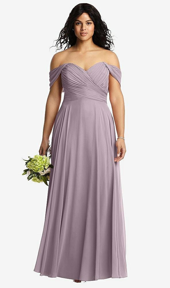off-the-shoulder draped chiffon maxi dress