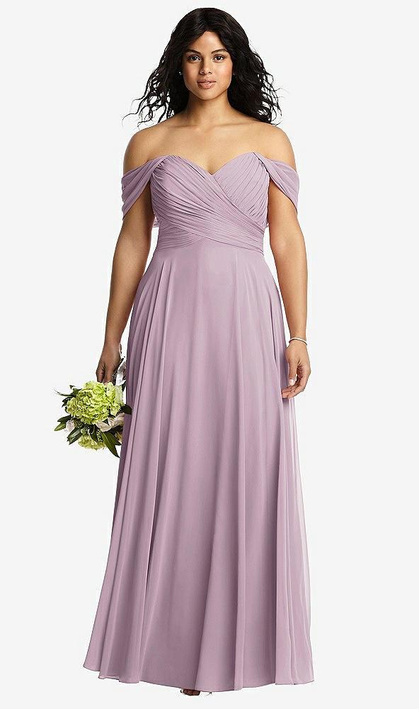off-the-shoulder draped chiffon maxi dress
