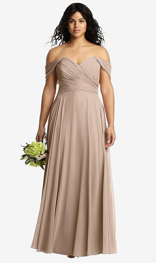 off-the-shoulder draped chiffon maxi dress