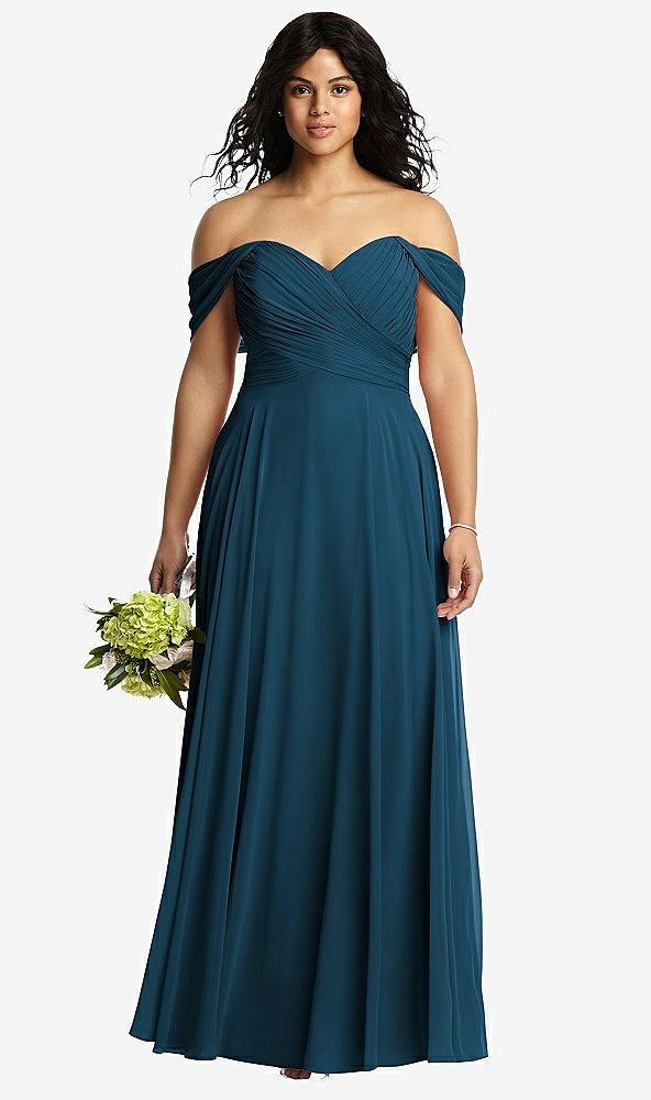 off-the-shoulder draped chiffon maxi dress