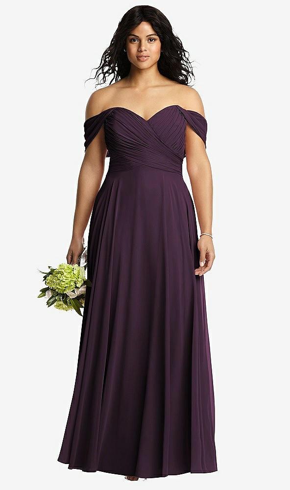 off-the-shoulder draped chiffon maxi dress
