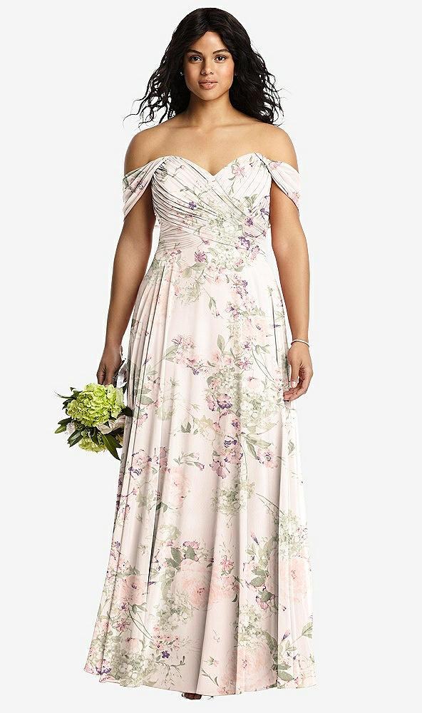 off-the-shoulder draped chiffon maxi dress
