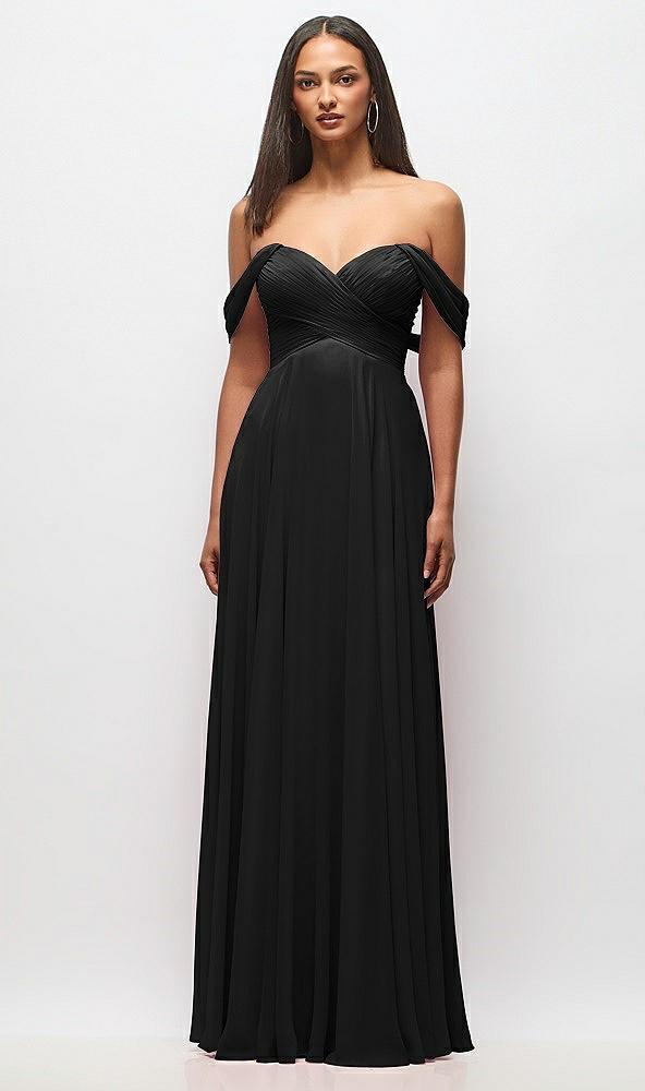 off-the-shoulder draped chiffon maxi dress