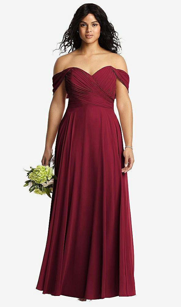 off-the-shoulder draped chiffon maxi dress