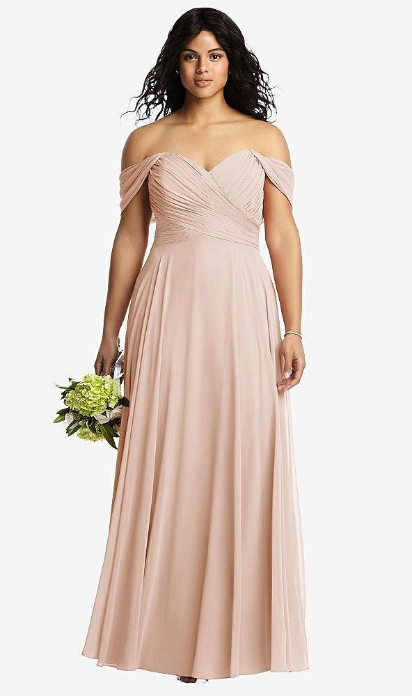 off-the-shoulder draped chiffon maxi dress