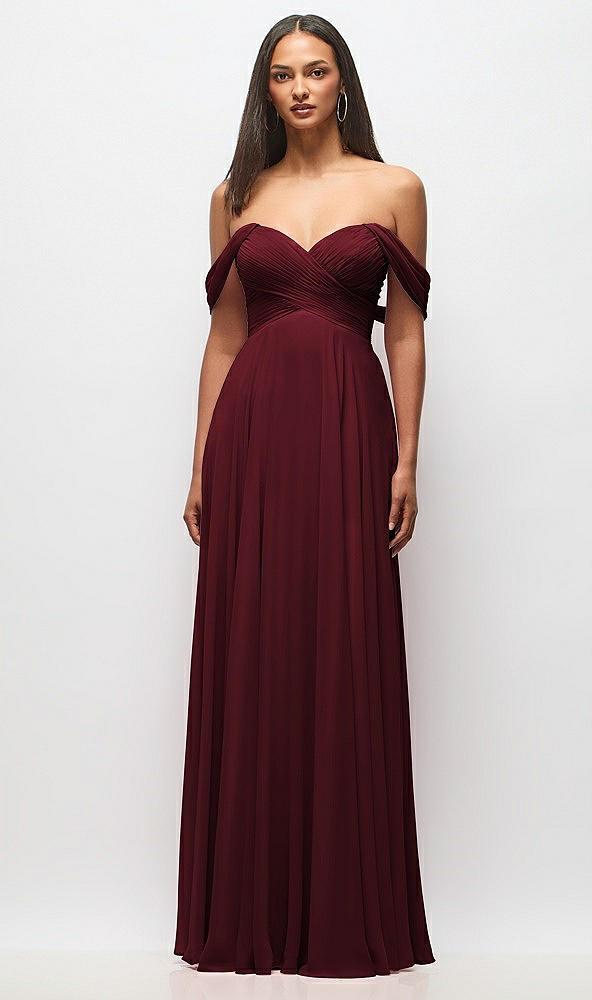 off-the-shoulder draped chiffon maxi dress