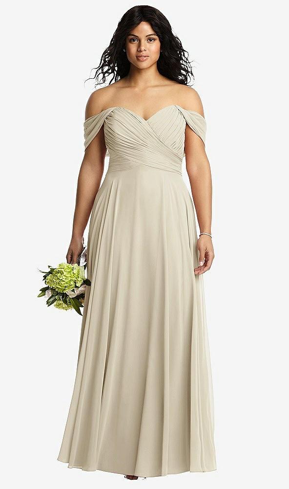 off-the-shoulder draped chiffon maxi dress