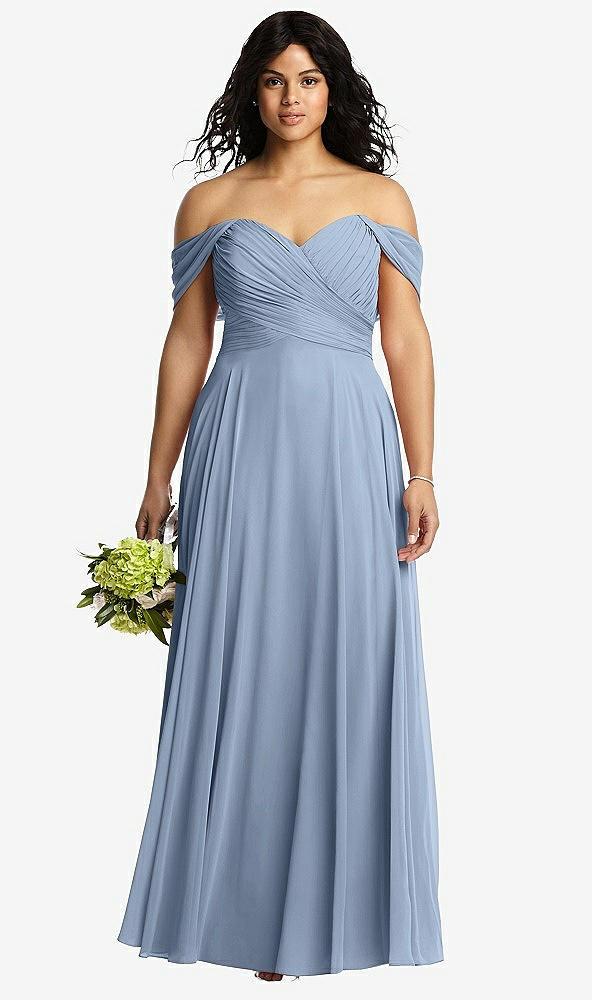 off-the-shoulder draped chiffon maxi dress