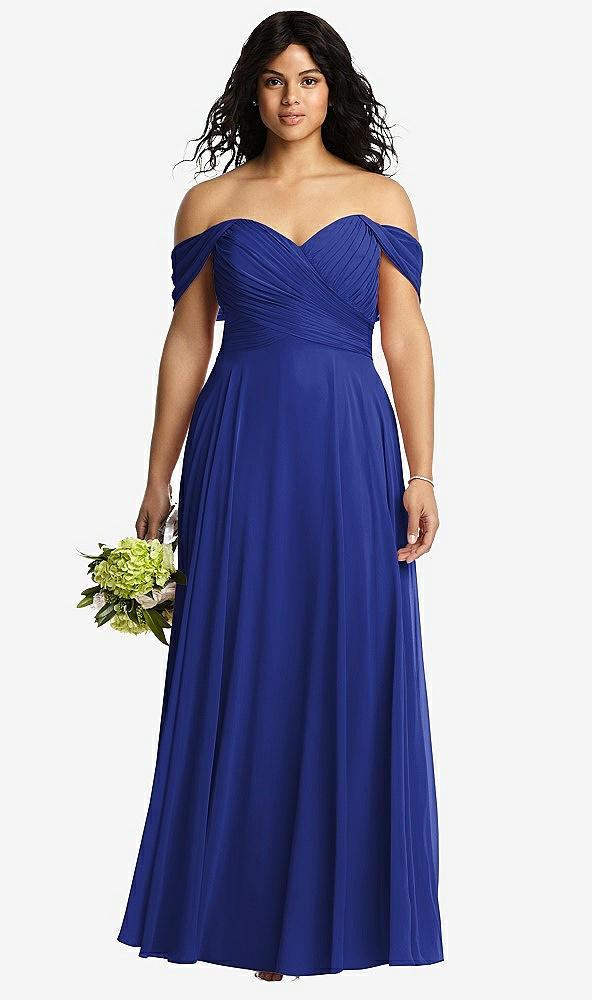 off-the-shoulder draped chiffon maxi dress