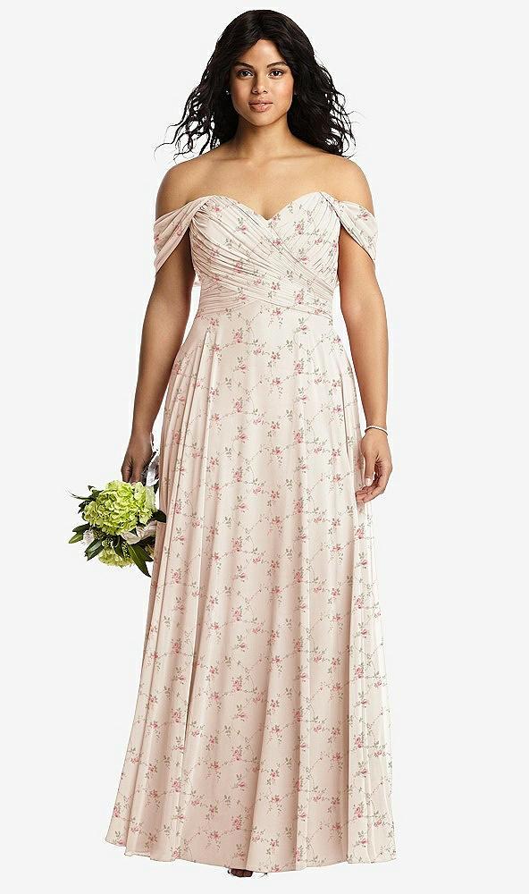 off-the-shoulder draped chiffon maxi dress