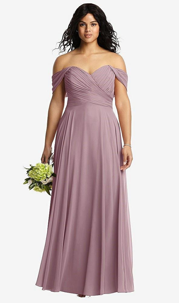 off-the-shoulder draped chiffon maxi dress