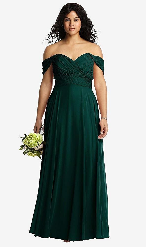 off-the-shoulder draped chiffon maxi dress