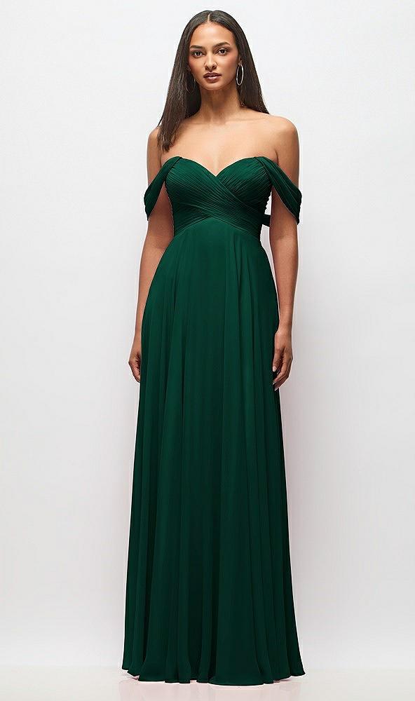 off-the-shoulder draped chiffon maxi dress