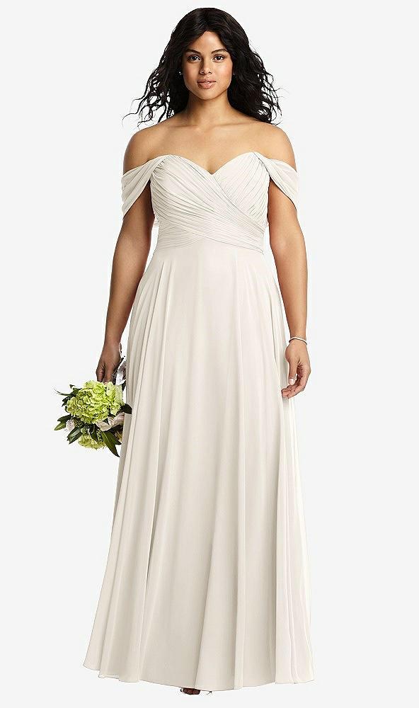 off-the-shoulder draped chiffon maxi dress