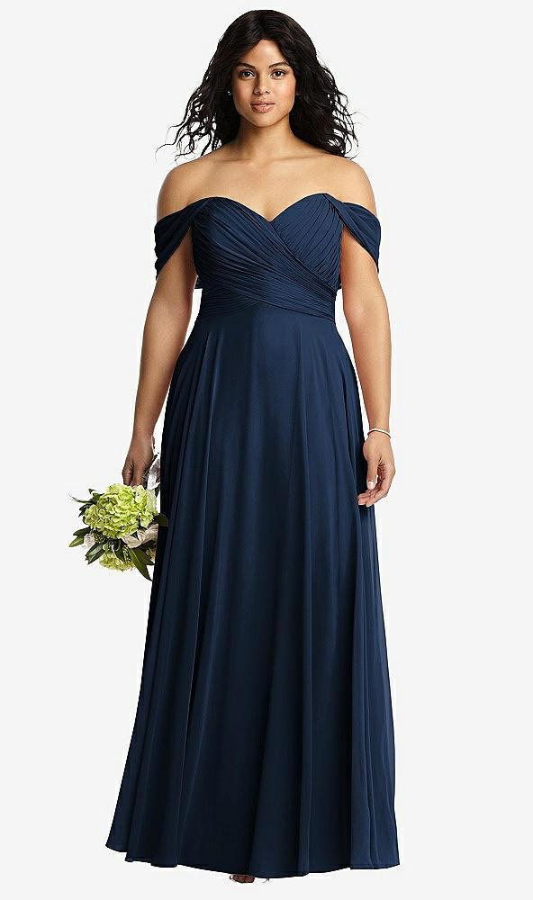 off-the-shoulder draped chiffon maxi dress