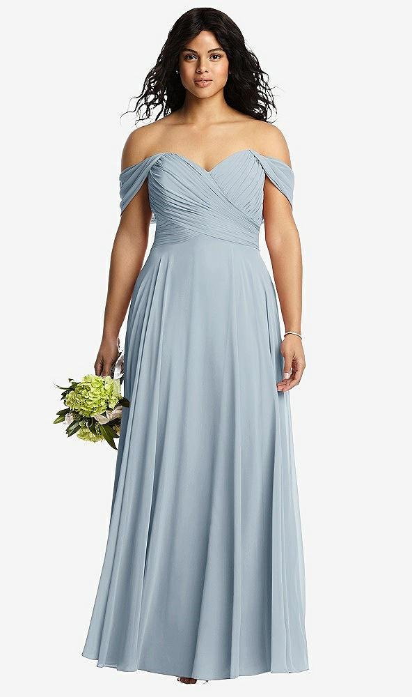 off-the-shoulder draped chiffon maxi dress