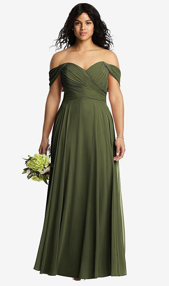 off-the-shoulder draped chiffon maxi dress