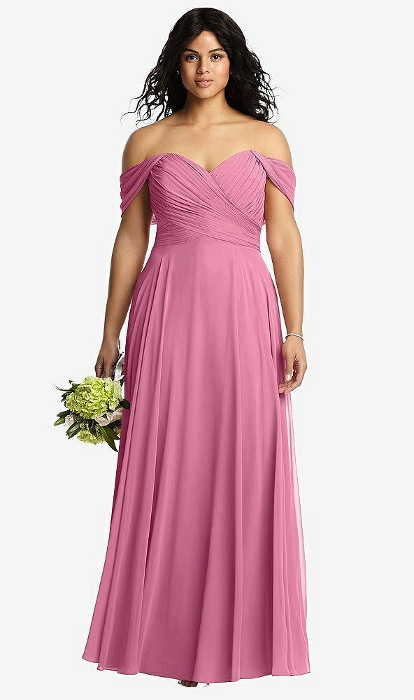 off-the-shoulder draped chiffon maxi dress
