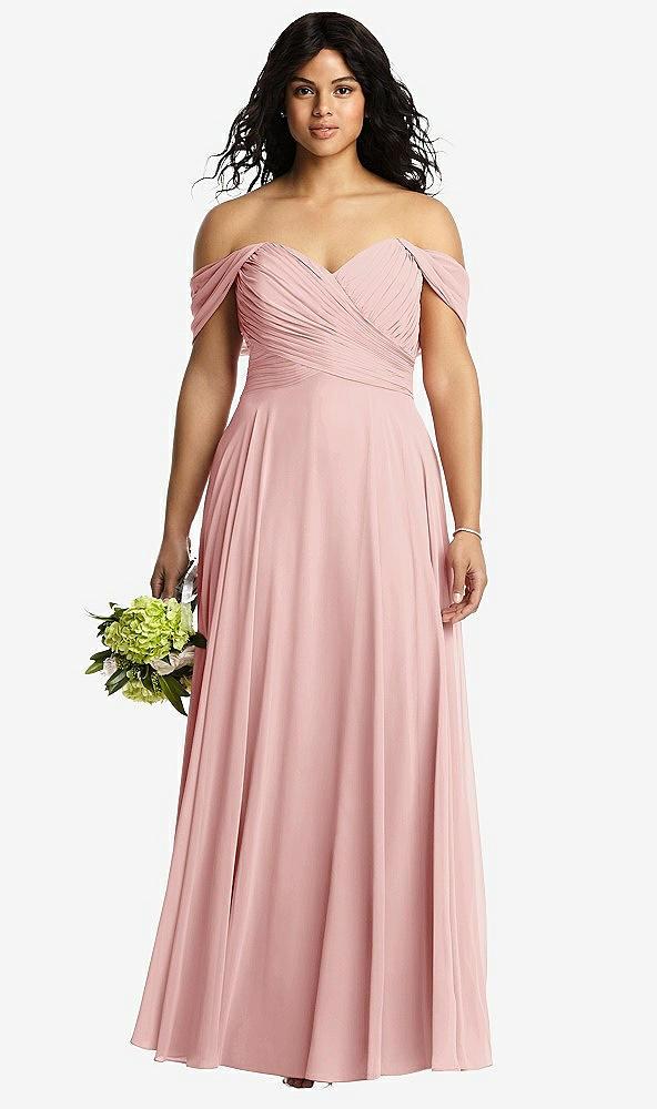off-the-shoulder draped chiffon maxi dress