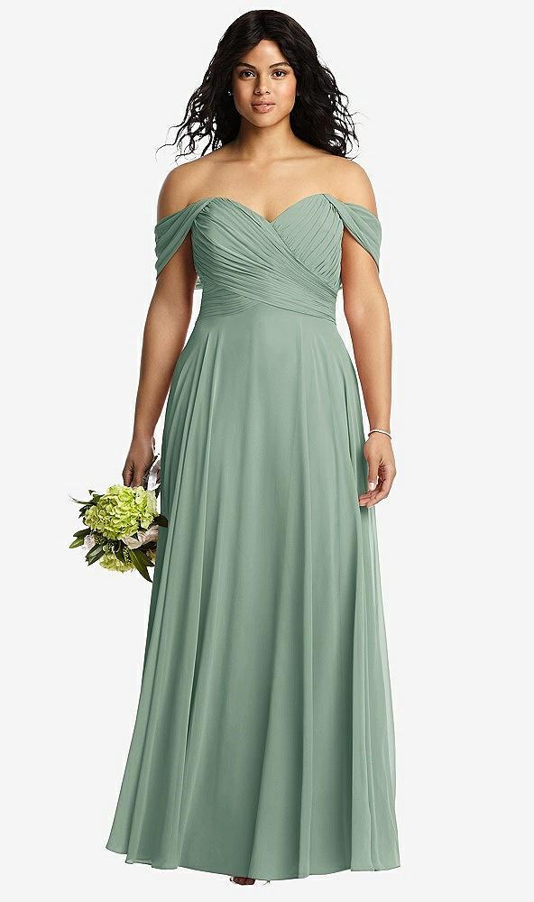 off-the-shoulder draped chiffon maxi dress
