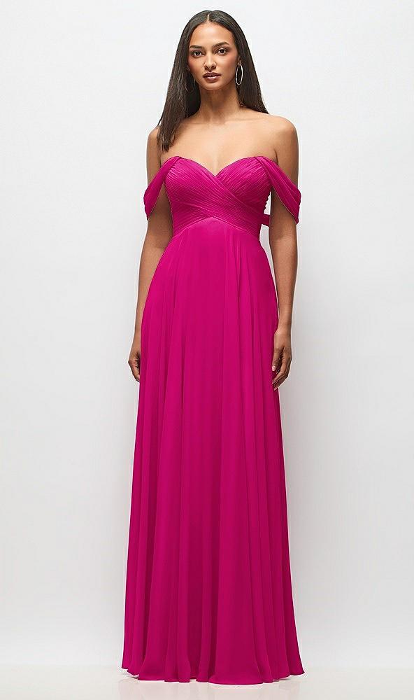 off-the-shoulder draped chiffon maxi dress