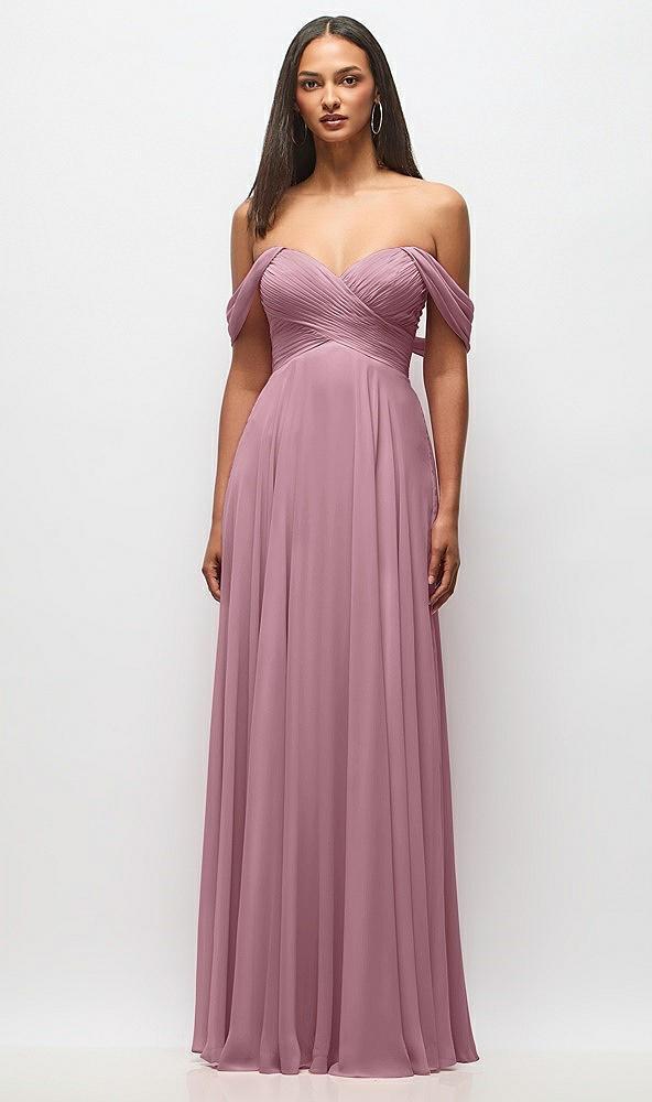 off-the-shoulder draped chiffon maxi dress