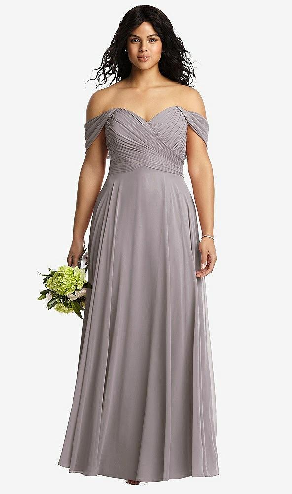 off-the-shoulder draped chiffon maxi dress