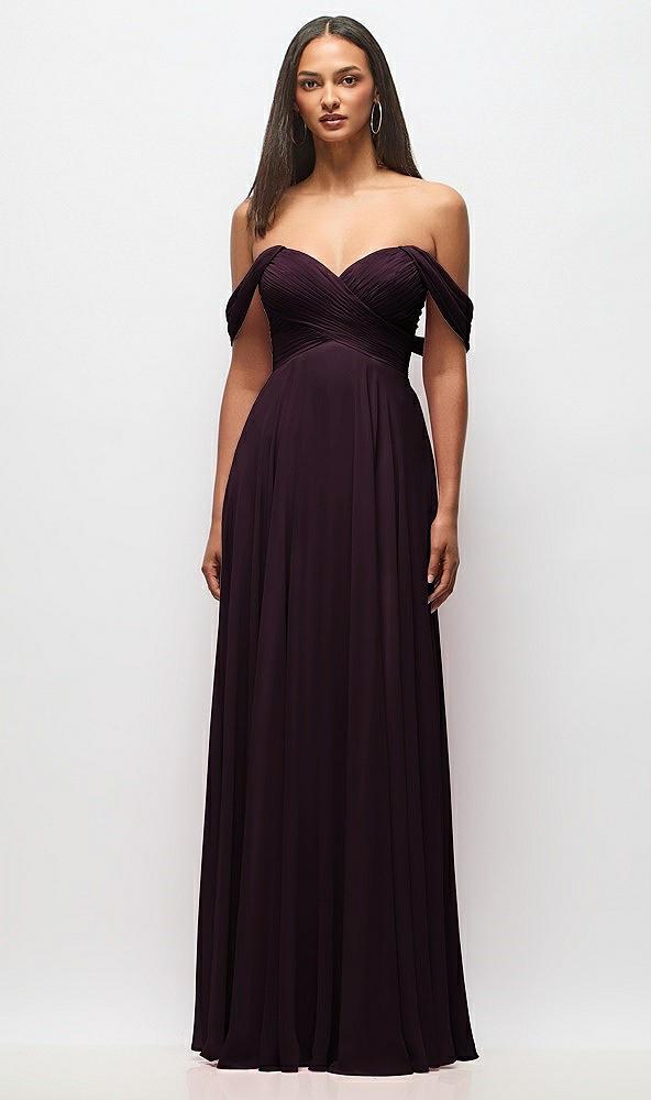 off-the-shoulder draped chiffon maxi dress