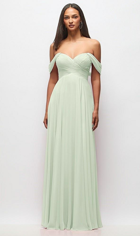off-the-shoulder draped chiffon maxi dress