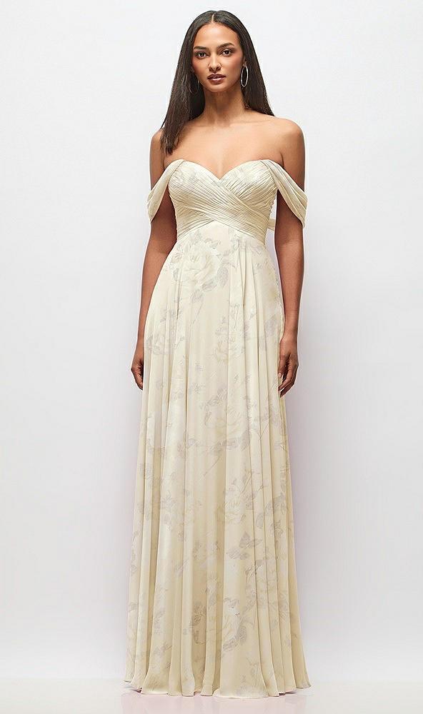 off-the-shoulder draped chiffon maxi dress
