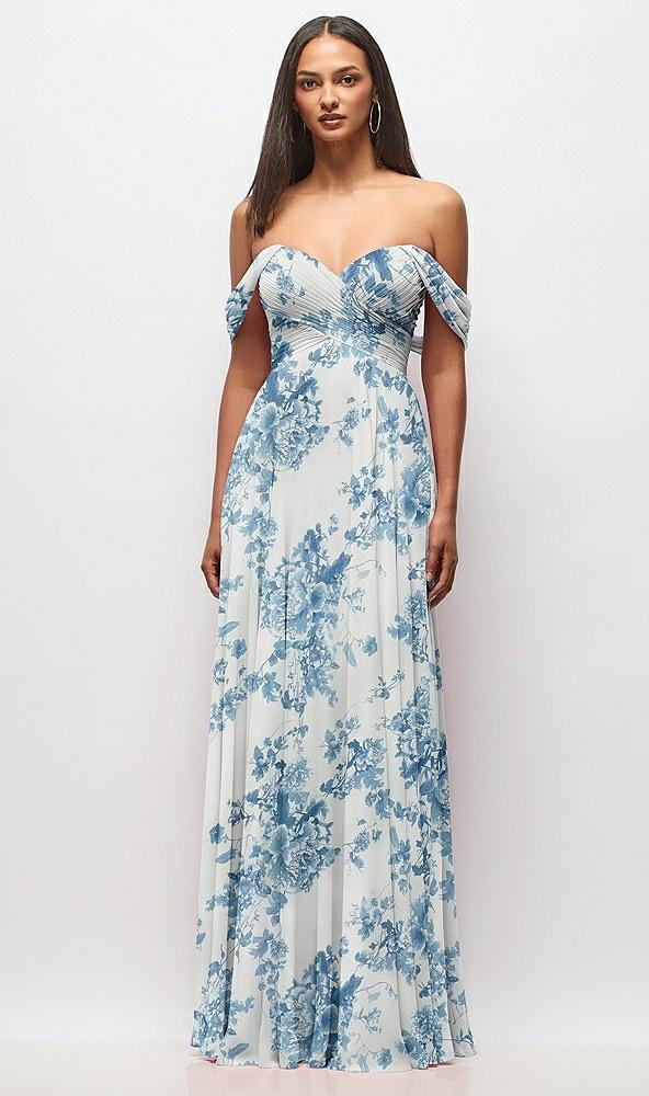 off-the-shoulder draped chiffon maxi dress