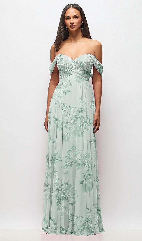 off-the-shoulder draped chiffon maxi dress