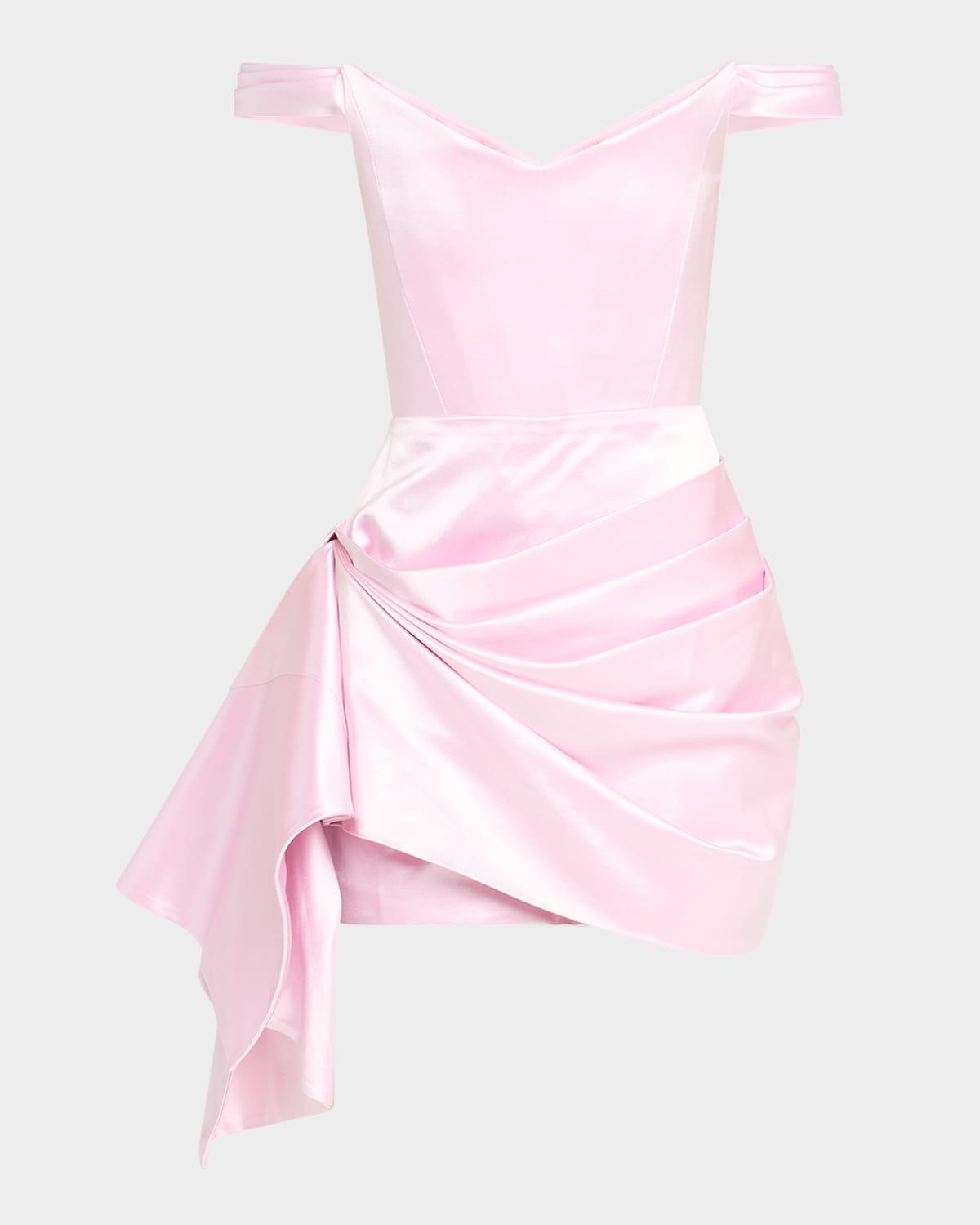 off-the-shoulder draped duchesse satin mini dress