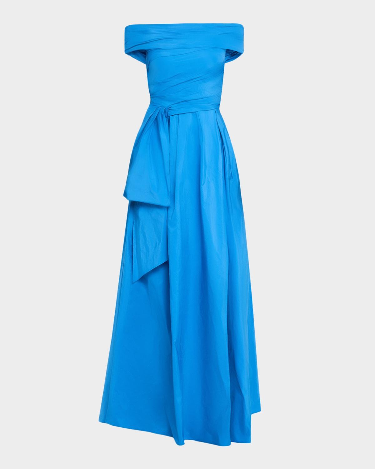 off-the-shoulder draped taffeta gown