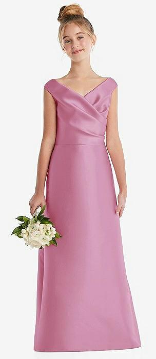 off-the-shoulder draped wrap satin junior bridesmaid dress