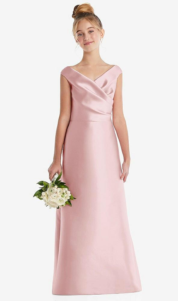 off-the-shoulder draped wrap satin junior bridesmaid dress