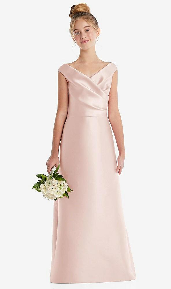 off-the-shoulder draped wrap satin junior bridesmaid dress