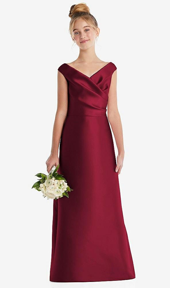 off-the-shoulder draped wrap satin junior bridesmaid dress